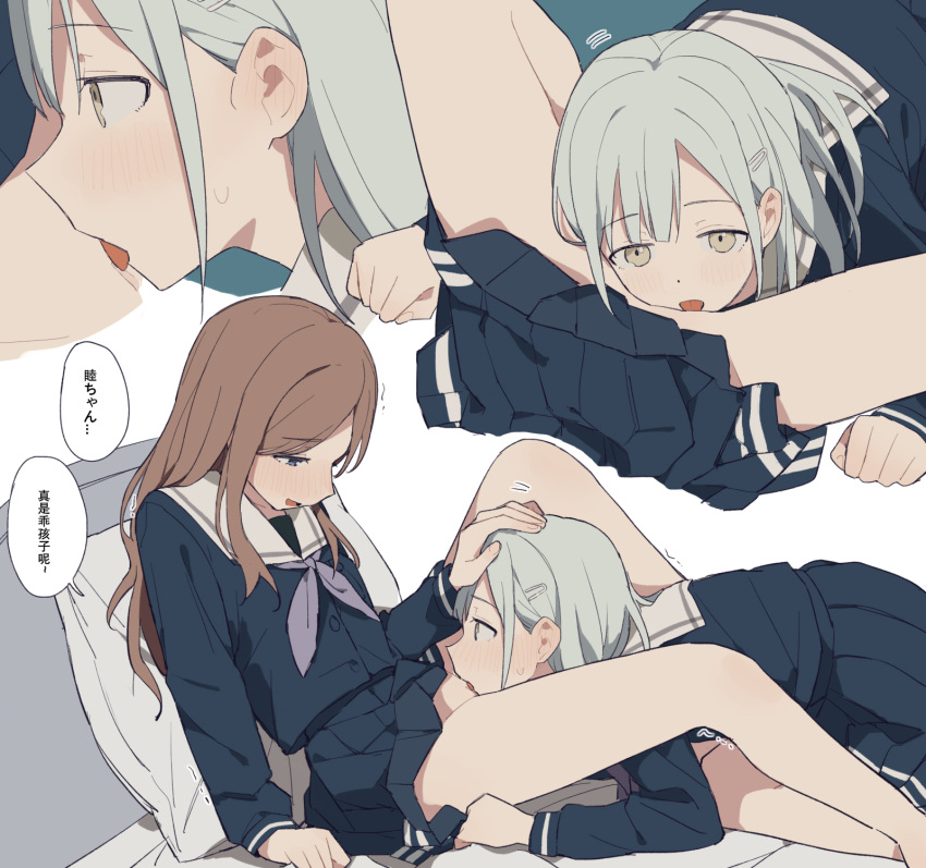 2girls bang_dream! blue_eyes blue_shirt blue_skirt blush brown_eyes brown_hair coldcat. commentary_request cunnilingus cute ear_blush female female_only grey_hair hair_ornament hairclip hand_on_another's_head highres long_hair long_sleeves multiple_girls multiple_views nagasaki_soyo neckerchief oral purple_neckerchief sailor_collar school_uniform serafuku shirt skirt speech_bubble sweat tongue tongue_out translation_request trembling wakaba_mutsumi white_sailor_collar wholesome yuri