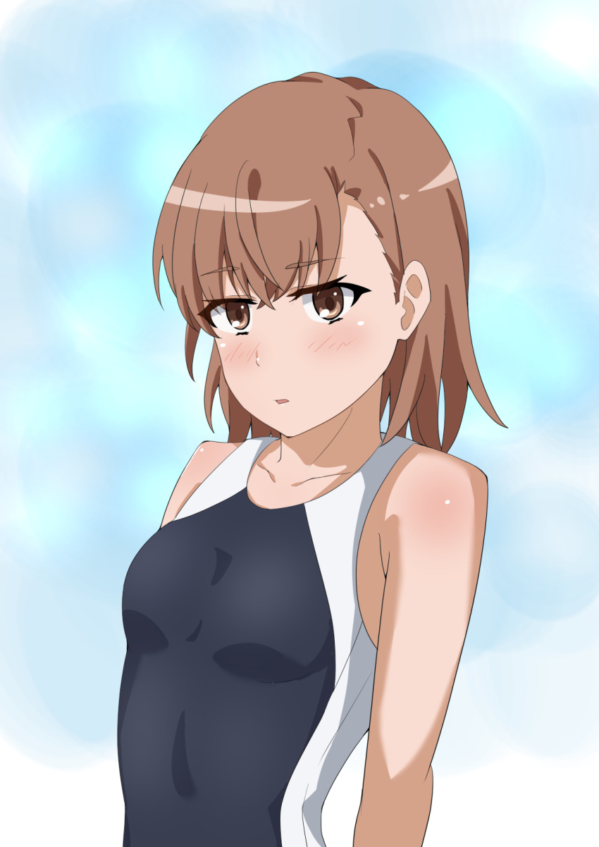 1girls 2020s 2023 bare_shoulders blush brown_eyes brown_hair brunette collarbone competition_swimsuit female gradient_background hi_res looking_at_viewer matching_hair/eyes misaka_mikoto one-piece_swimsuit open_mouth school_swimsuit schoolgirl short_hair solo swimsuit tabu teenage_girl teenager to_aru_kagaku_no_railgun to_aru_majutsu_no_index tokiwadai_school_swimsuit upper_body young