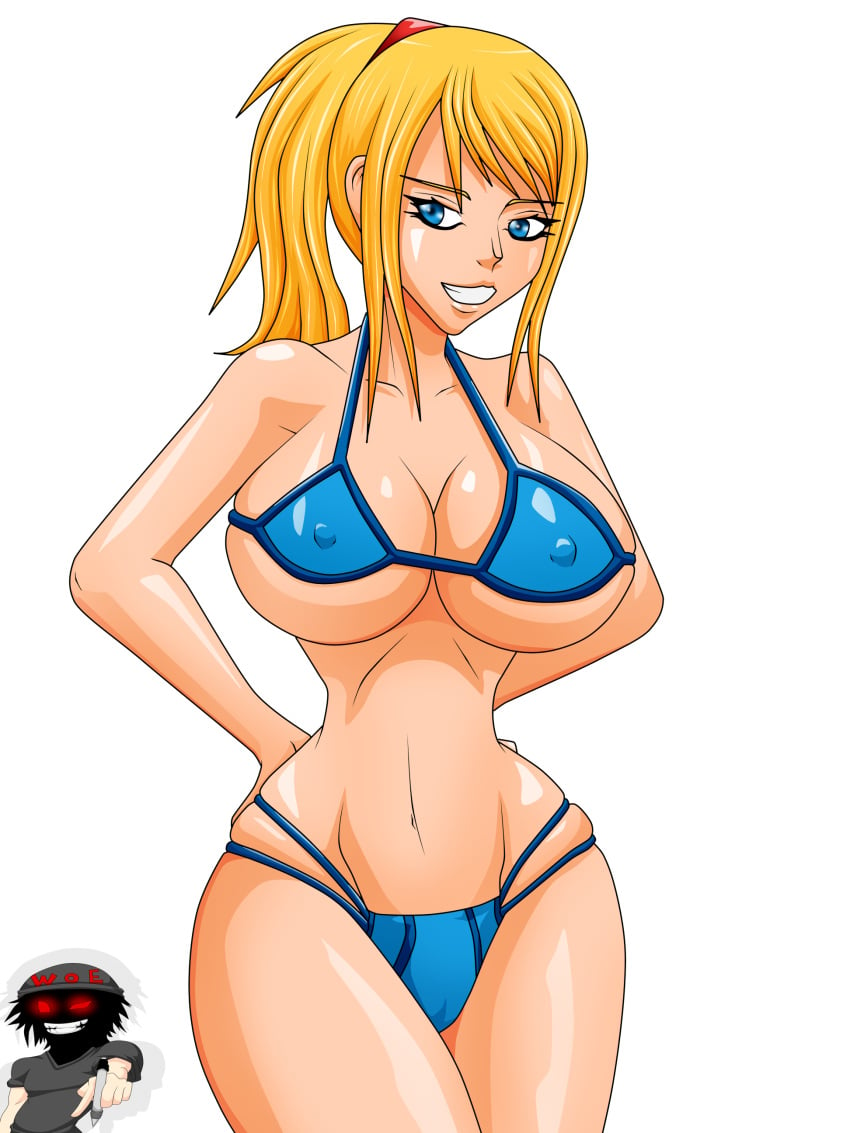 1girls big_breasts big_thighs bikini blonde_hair blue_bikini blue_eyes breasts cleavage curvy female female_only front_view hands_behind_back light-skinned_female light_skin lips long_hair looking_at_viewer metroid navel nintendo nipple_bulge pinup ponytail samus_aran smile solo standing thick thick_hips thick_thighs thighs tied_hair transparent_background war-off-evil wide_hips