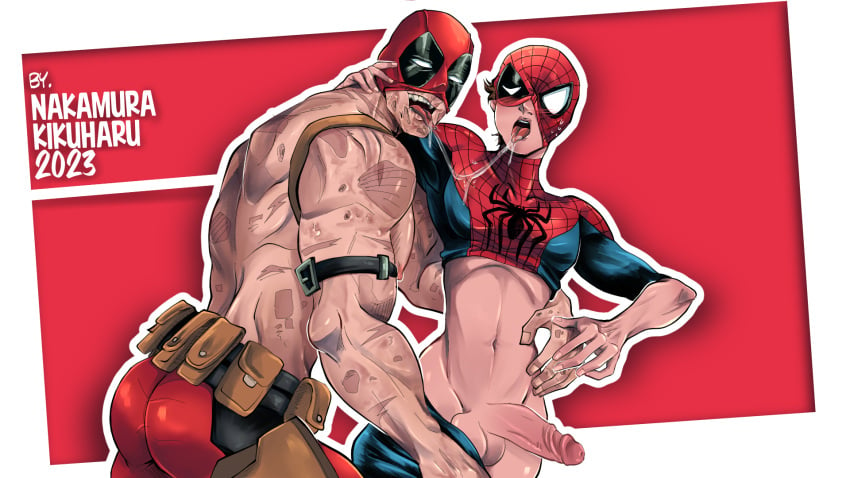 anime art bara bubble_butt covered_eyes deadpool drawing drooling gay lifted_shirt making_out male_on_male marvel mask muscular nakamura_kikuharu nsfw older_dom_younger_sub peter_parker saliva scars spider-man spideypool superhero tongue_out twink wade_wilson yaoi