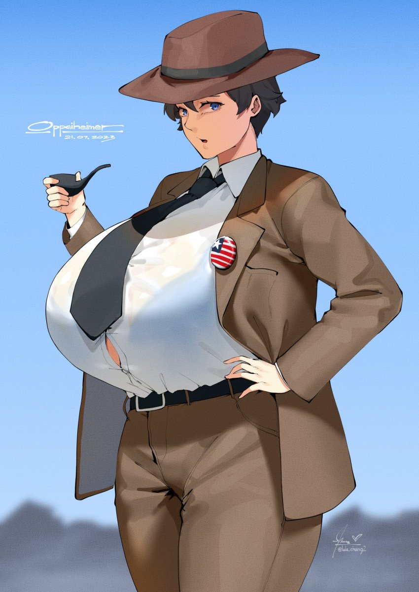 1girls badge big_breasts blue_sky breasts enormous_breasts fedora genderswap_(mtf) giant_breasts gigantic_breasts hand_on_hip huge_breasts hyper_breasts julius_robert_oppenheimer large_breasts lulu-chan92 massive_breasts oppenheimer oppenheimer_(film) rule_63 see-through see_through_bra short_hair sky smoking_pipe