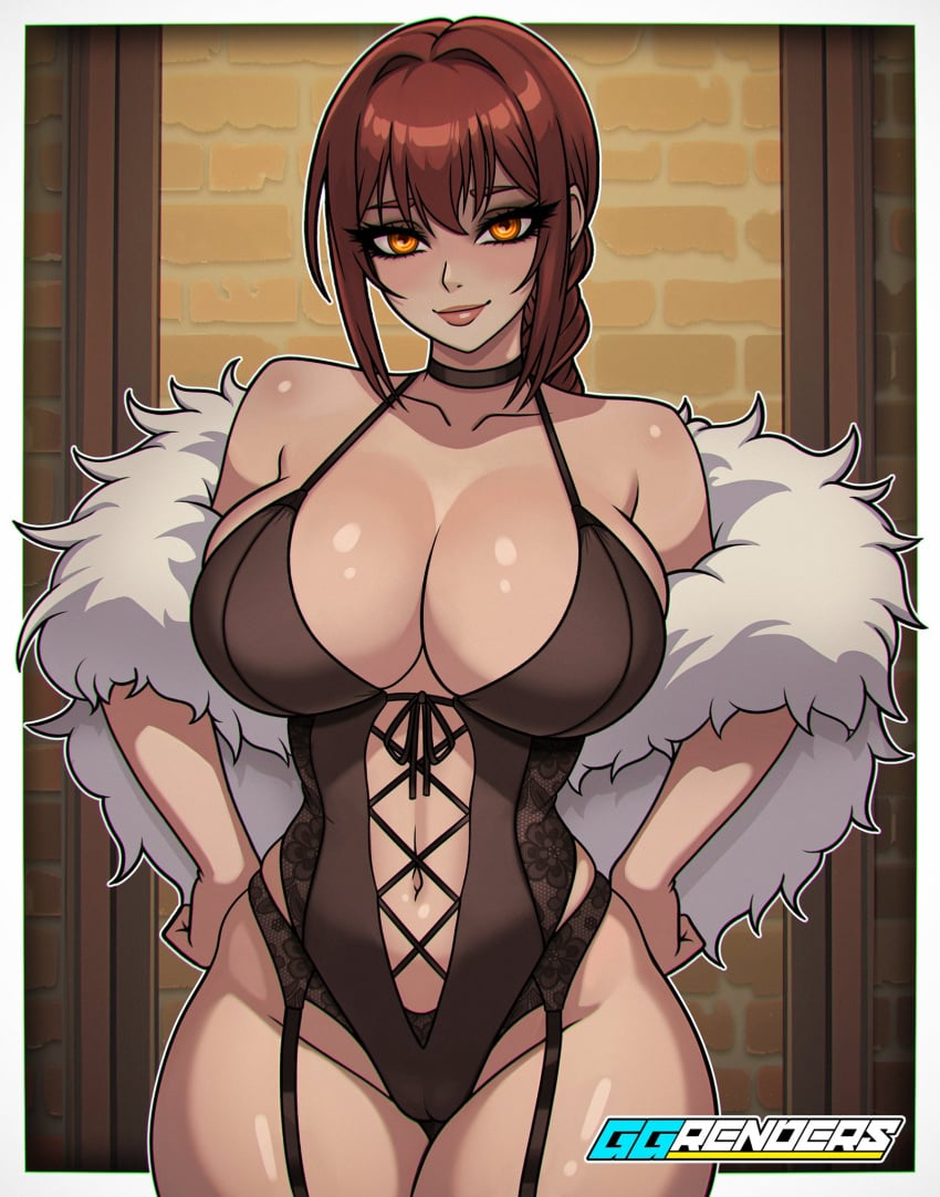 braid breasts chainsaw_man choker female female_only fur_cape ggrenders large_breasts lingerie looking_at_viewer makeup makima_(chainsaw_man) red_hair redhead solo suspenders