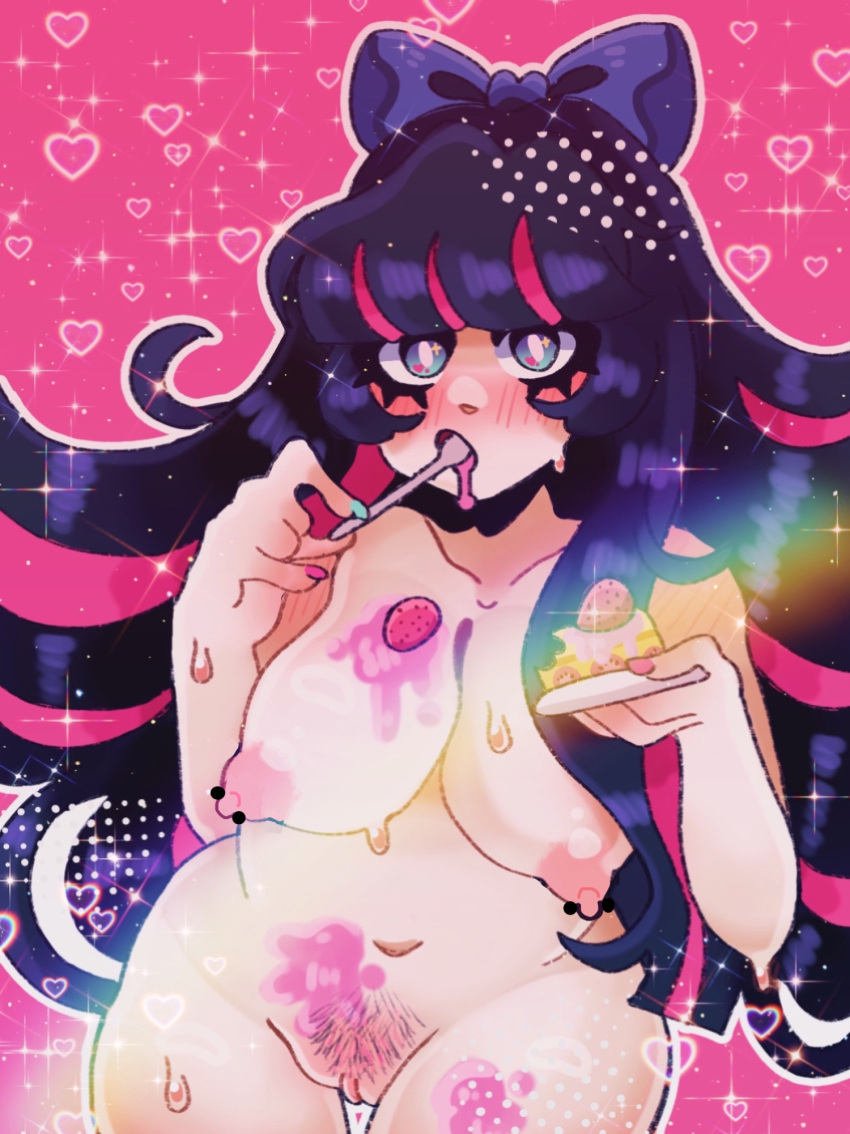 bow cake cherubicchubs drool drooling female frosting panty_&_stocking_with_garterbelt pierced_nipples piercing piercings pubic_hair simple_background stocking_anarchy sweat sweatdrop sweating