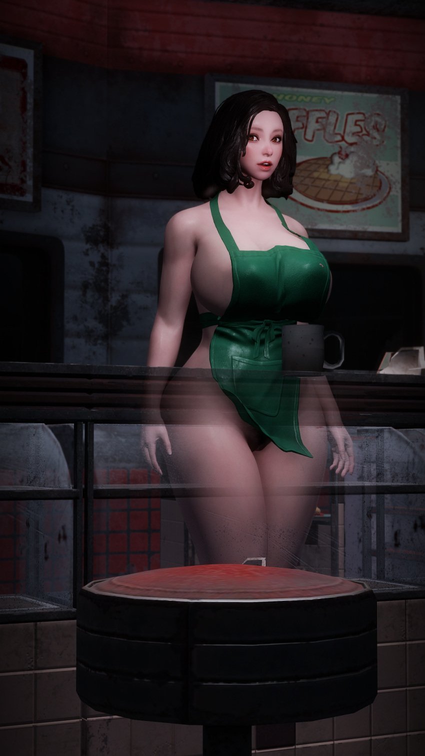 3d 3d_(artwork) apron apron_only bethesda_softworks clothes_lift emotrashcan fallout flash iced_latte_with_breast_milk screenshot screenshot_edit starbucks_barista starbucks_parody suprised_look surprised vault_dweller wind_lift