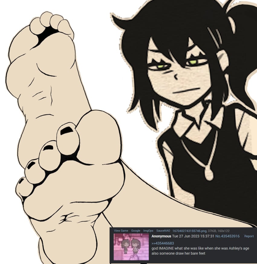 4chan 4chan_thread aged_down barefoot black_hair blouse collar drawfag feet feet_together feet_up female first_porn_of_character foot_fetish green_eyes nemlei ponytail renee_graves shirt soles sprite the_coffin_of_andy_and_leyley toes transparent_background unamused