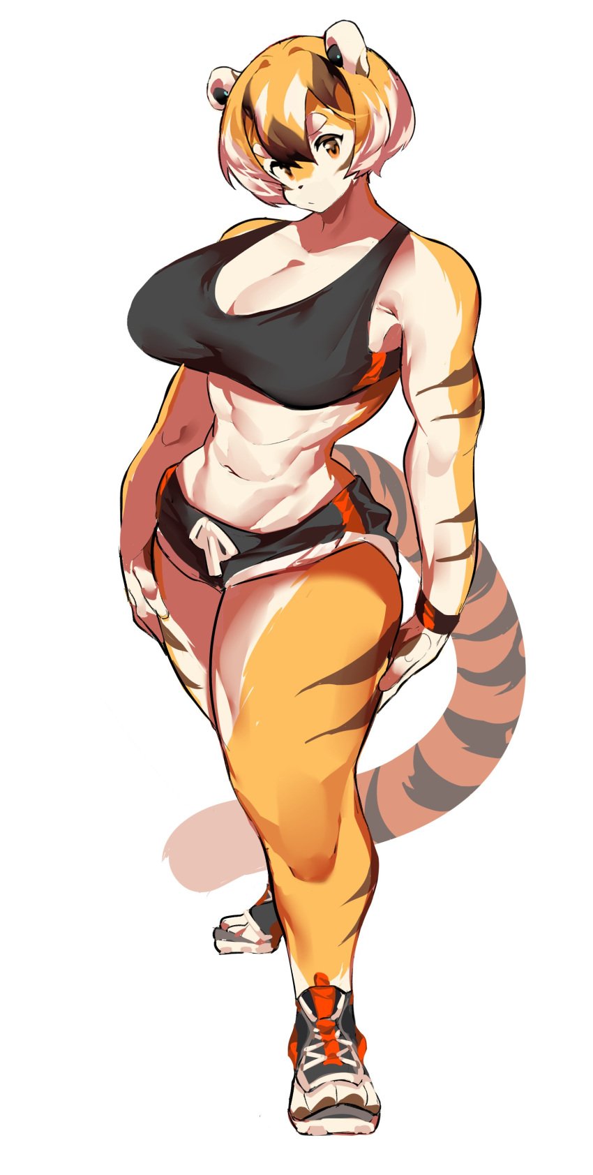 1girls abs anthro big_breasts bracelet breasts dolphin_shorts female looking_at_viewer looking_down mei_xiang muscular muscular_anthro muscular_female muscular_thighs mx99926 oc original short_hair short_shorts sneakers sole_female solo solo_female solo_focus tail thick_thighs tiger tiger_ears tiger_girl tiger_print tiger_stripes tiger_tail wide_hips