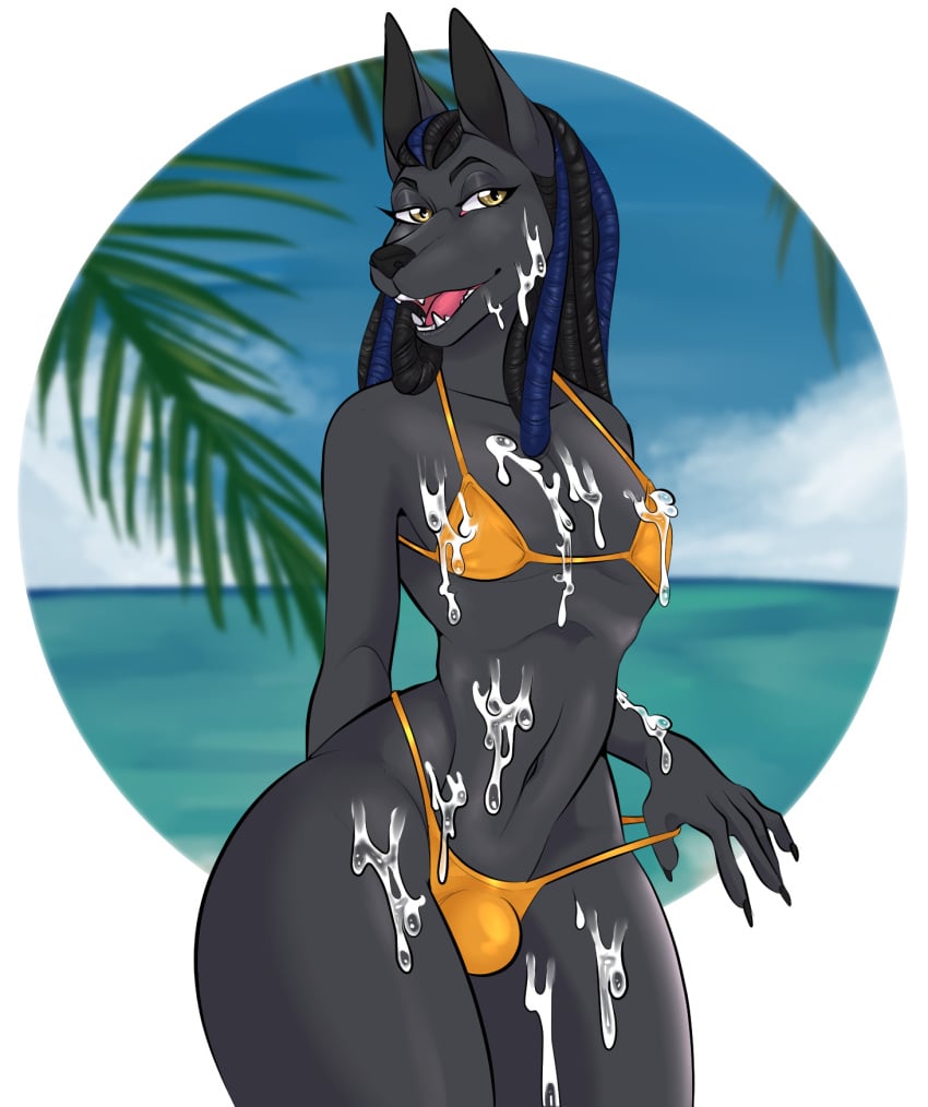 anthro anubian_jackal beach bikini bikini_bottom bikini_pull bikini_thong bikini_top bodily_fluids bulge canid canine canis clothed clothing clothing_pull crossdressing cum cum_on_body cum_on_chest cum_on_face cum_on_leg deadman_joe_velasquez detailed_background dreadlocks femboy femboy_focus femboy_only femboysub feminine feminine_body feminine_male feminine_pose genital_fluids girly hi_res jackal male male_focus male_only mammal public seaside skimpy_bikini solo string_bikini swimwear swimwear_pull tagme thick_thighs water wide_hips yuuneechan801