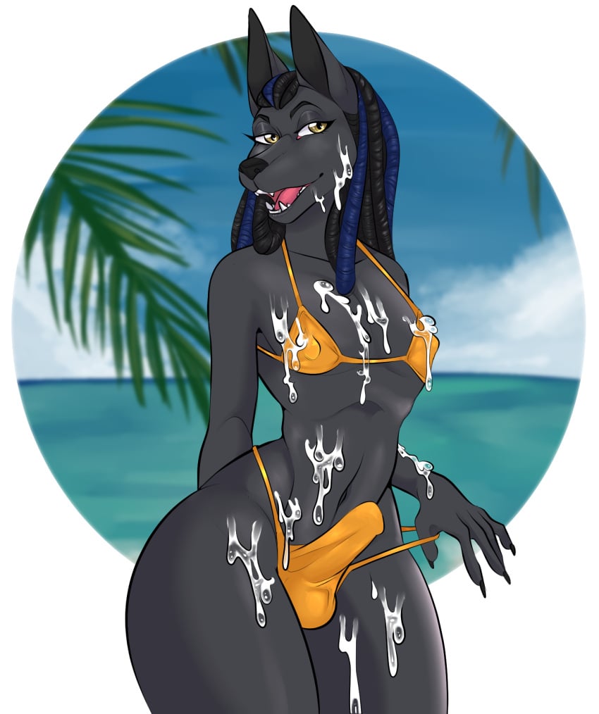 anthro anubian_jackal balls_outline beach bikini bikini_bottom bikini_pull bikini_thong bikini_top bodily_fluids bulge canid canine canis clothed clothing clothing_pull crossdressing cum cum_on_body cum_on_chest cum_on_face cum_on_leg deadman_joe_velasquez detailed_background detailed_bulge dreadlocks erection erection_under_clothing femboy femboy_focus femboy_only femboysub feminine feminine_body feminine_male feminine_pose genital_fluids genital_outline girly hi_res jackal male male_focus male_only mammal nipple_outline penis_in_panties penis_outline public seaside skimpy_bikini solo string_bikini swimwear swimwear_pull tagme tenting thick_thighs water wide_hips yuuneechan801