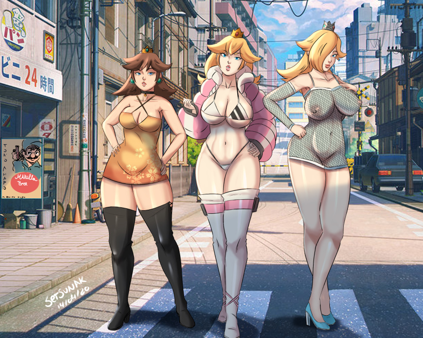 3girls bikini breasts breasts_visible_through_clothing clothing female female_only fishnet_bodysuit fishnets mario_(series) nintendo princess_daisy princess_peach princess_rosalina setsunak