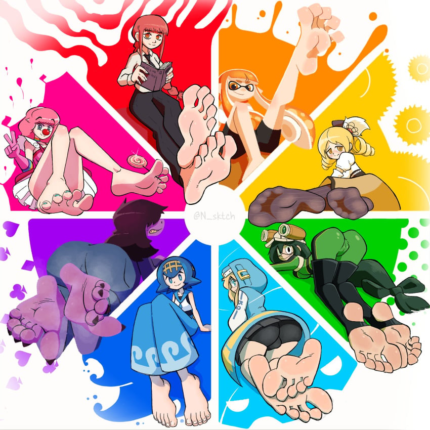 1boy 7girls anthro ass ball_bulge blonde_hair blue_eyes blue_hair boku_no_hero_academia book bridget chainsaw_man clothed clown clown_nose color_wheel_challenge deltarune dinosaur feet feet_up female femboy foot_fetish foot_focus full_body_suit fully_clothed geiru_toneido gloves guilty_gear gyakuten_saiban hero_outfit_(mha) inkling_girl lana_(pokemon) leg_raise leg_raised looking_at_viewer magia_record:_mahou_shoujo_madoka_magica_gaiden mahou_shoujo_madoka_magica makima_(chainsaw_man) multiple_girls my_hero_academia n_sktch one_foot_raised pink_hair pokemon puella_magi_madoka_magica purple_skin pussy_bulge pussy_visible_through_clothes senpuutei_puuko sharp_toenails soles splatoon susie_(deltarune) toes tomoe_mami tsuyu_asui yellow_hair young