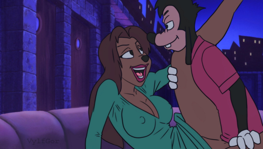 1boy 1girls an_extremely_goofy_movie anthro bedroom_eyes big_breasts breasts brown_hair cleavage clothed_sex co-ed_3_(an_extremely_goofy_movie) dark-skinned_female dark_skin disney female furry goof_troop hand_on_leg happy_sex lifting_leg lipstick long_hair male male_on_female male_penetrating_female max_goof night_sky nikki_(an_extremely_goofy_movie) nipples_visible_through_clothing public_sex sex smile vaginal_penetration vylfgor