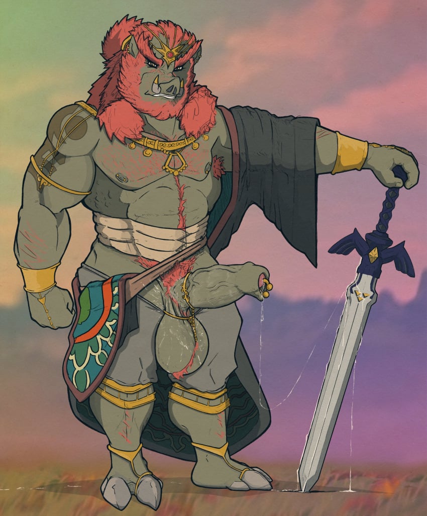 anthro bara beard big_balls big_penis body_hair boner clothing erection facial_hair furry ganon ganondorf ganondorf_(tears_of_the_kingdom) green_skin low_hanging_balls male male_only master_sword muscles muscular nintendo penis_out precum red_hair rev_(artist) solo solo_male suina sus_(pig) sword tears_of_the_kingdom the_legend_of_zelda tusks