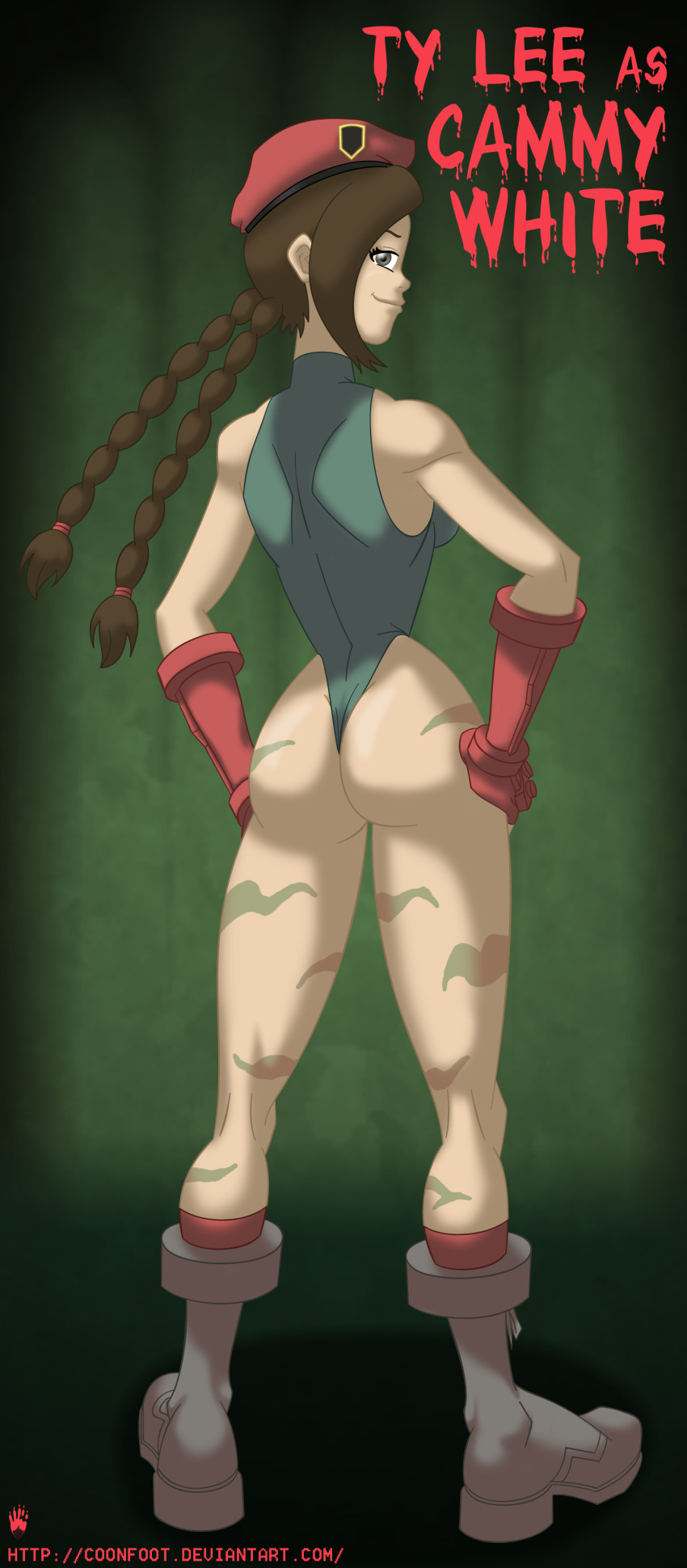 1girls artist_name avatar_legends avatar_the_last_airbender beret braided_twintails brown_hair brunette brunette_hair cammy_white_(cosplay) confident coonfoot female female_only fire_nation grin looking_at_viewer solo street_fighter text ty_lee war_paint