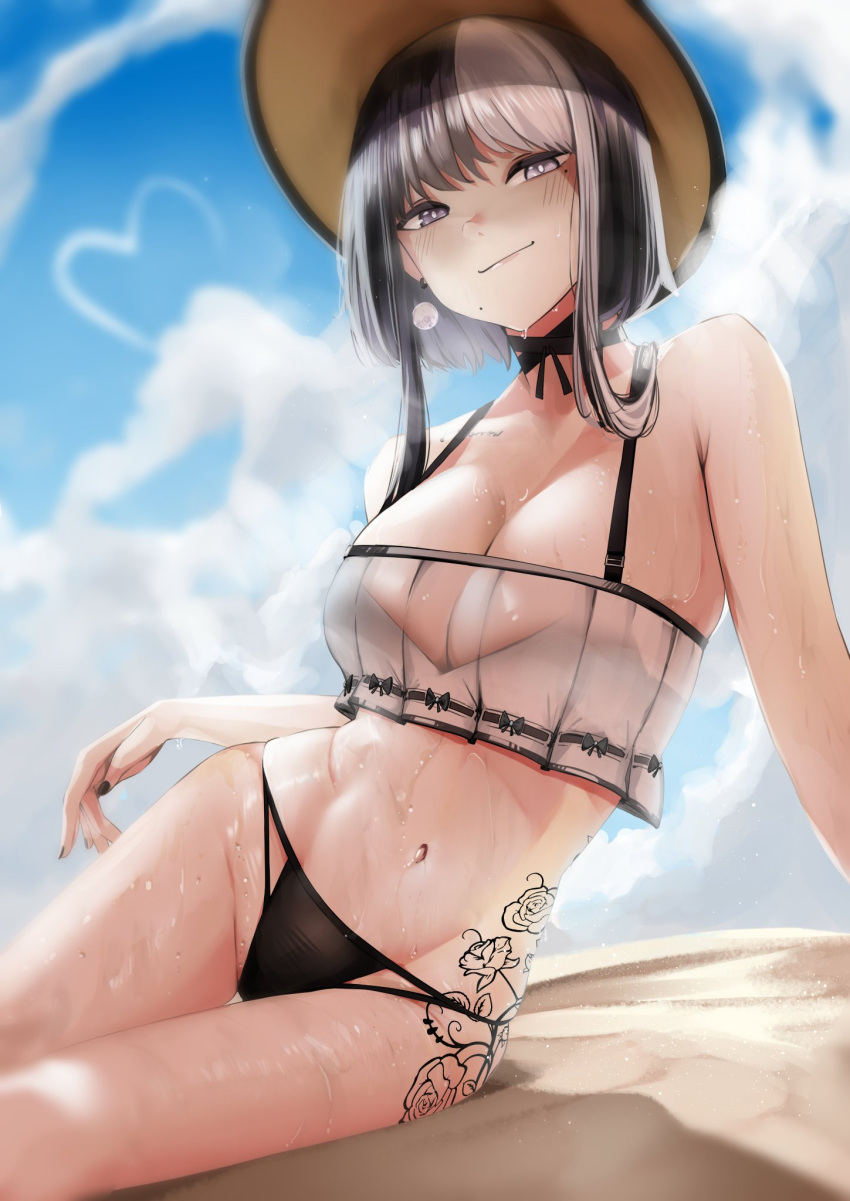 1girls beach belly_button big_breasts bikini black_hair breasts cleavage clouds confident female female_only goth goth_girl grey_eyes happy hat indie_virtual_youtuber light-skinned_female light_skin looking_at_viewer ori_(orihimevt) outside pupi rain_prophet sand sky smile solo sun_hat swimsuit tattoo two_tone_hair virtual_youtuber white_hair