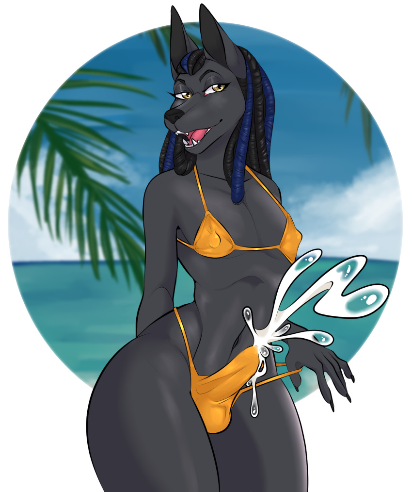 anthro anubian_jackal balls_outline beach bikini bikini_bottom bikini_pull bikini_thong bikini_top bodily_fluids bulge canid canine canis clothed clothing clothing_pull crossdressing cum cum_in_clothing cum_through_clothing deadman_joe_velasquez detailed_background detailed_bulge dreadlocks ejaculation erection erection_under_clothing femboy femboy_focus femboy_only femboysub feminine feminine_body feminine_male feminine_pose genital_fluids genital_outline girly hands-free hi_res jackal male male_focus male_only mammal nipple_outline penis_in_panties penis_outline public seaside skimpy_bikini solo string_bikini swimwear swimwear_pull tagme tenting thick_thighs water wet wet_clothing wide_hips yuuneechan801