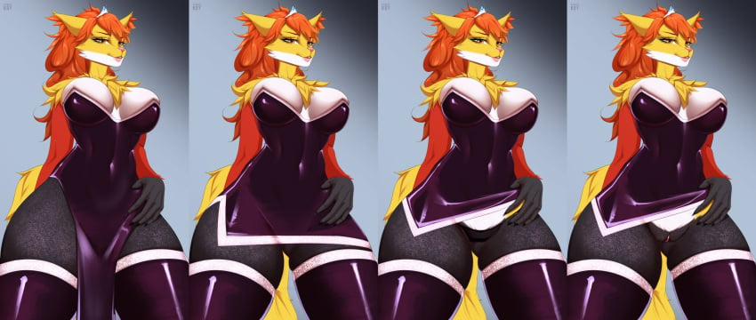 2023 5_fingers anthro biped black_clothing black_panties black_underwear breasts chest_tuft cleavage clothed clothing countershade_face countershade_fur countershade_torso countershading crown delphox digital_media_(artwork) dress eyebrows eyelashes female fingers fur generation_6_pokemon genitals hair headgear hi_res long_hair mahoxy nintendo no_underwear orange_hair panties phox_(frickinpony) pink_nose pink_pussy pokemon pokemon_(species) pussy shaded solo tiara tuft underwear v3nusbby white_body white_countershading white_fur yellow_body yellow_fur