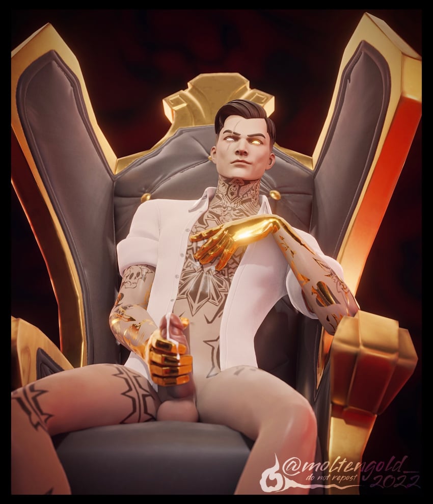 1boy 3d almost_naked black_hair bottomless cum cum_drip cum_dripping_from_penis fortnite gold_(metal) gold_eyes gold_hands holding_penis male male_only midas_(fortnite) missing_eye moltengoldart on_chair on_throne open_shirt partially_clothed sitting smirk solo tattoos throne