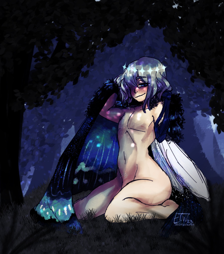 blush blushing fate/grand_order fate_(series) femboy feminine_male forest grey_hair hair_over_one_eye halo looking_at_viewer male male_only nude oberon_(fate_grand_order) orbularity wide_hips