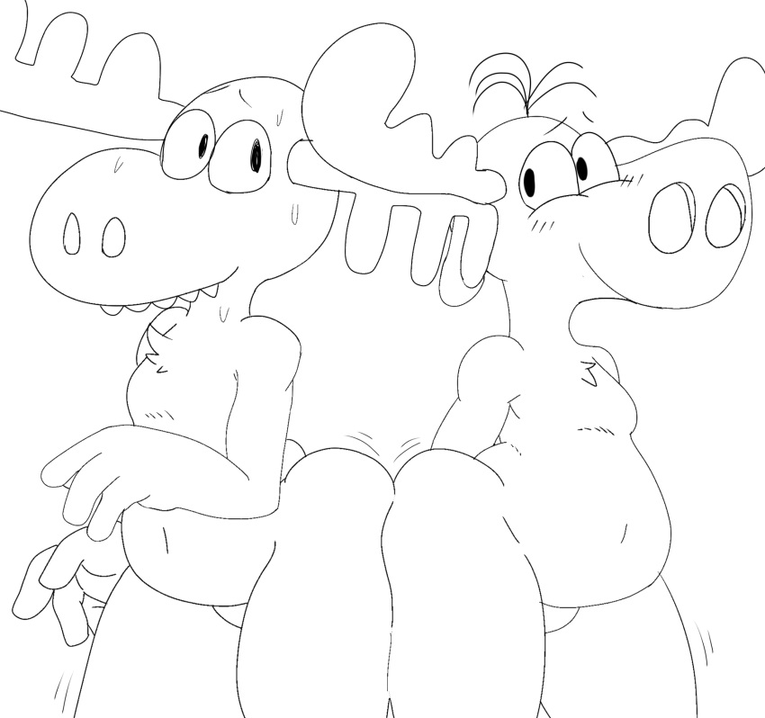 2boys ahoge anthro ass belly big_ass black_outline blush bottom_heavy bullwinkle_j_moose capreoline cervine chest_tuft crossover dreamworks duo furry furry_only gay happy_tree_friends horns jay_ward_productions looking_at_another looking_at_viewer lumpy_(htf) male male_focus male_only mondo_media monochrome moose rocky_and_bullwinkle smile thick_thighs thigh_squish thighs thigs_squish universal_studios white_background wide_hips