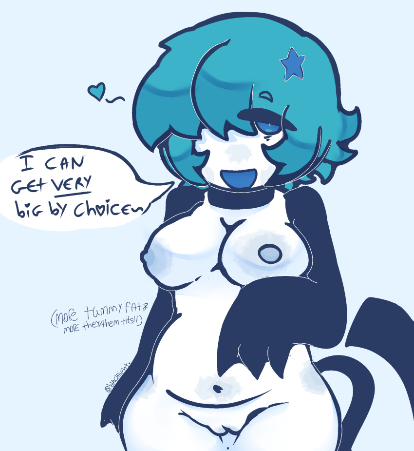 artist_signature blue_background blue_hair breasts chubby cloversloafers creature english_text no_sex not_human oc suggestive suggestive_look tummy_fold