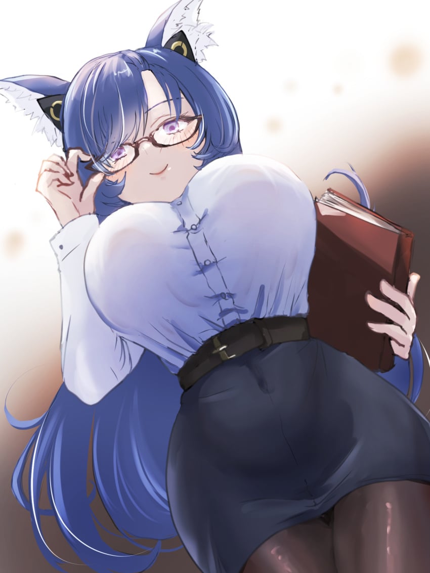 1girls blue_hair blush book breasts clothed clothing echocalypse female female_only fenriru_(echocalypse) glasses holding_book holding_object huge_breasts komena_(shinyday312) light-skinned_female light_skin looking_at_viewer looking_down purple_eyes skirt solo teacher wolf_ears wolf_girl