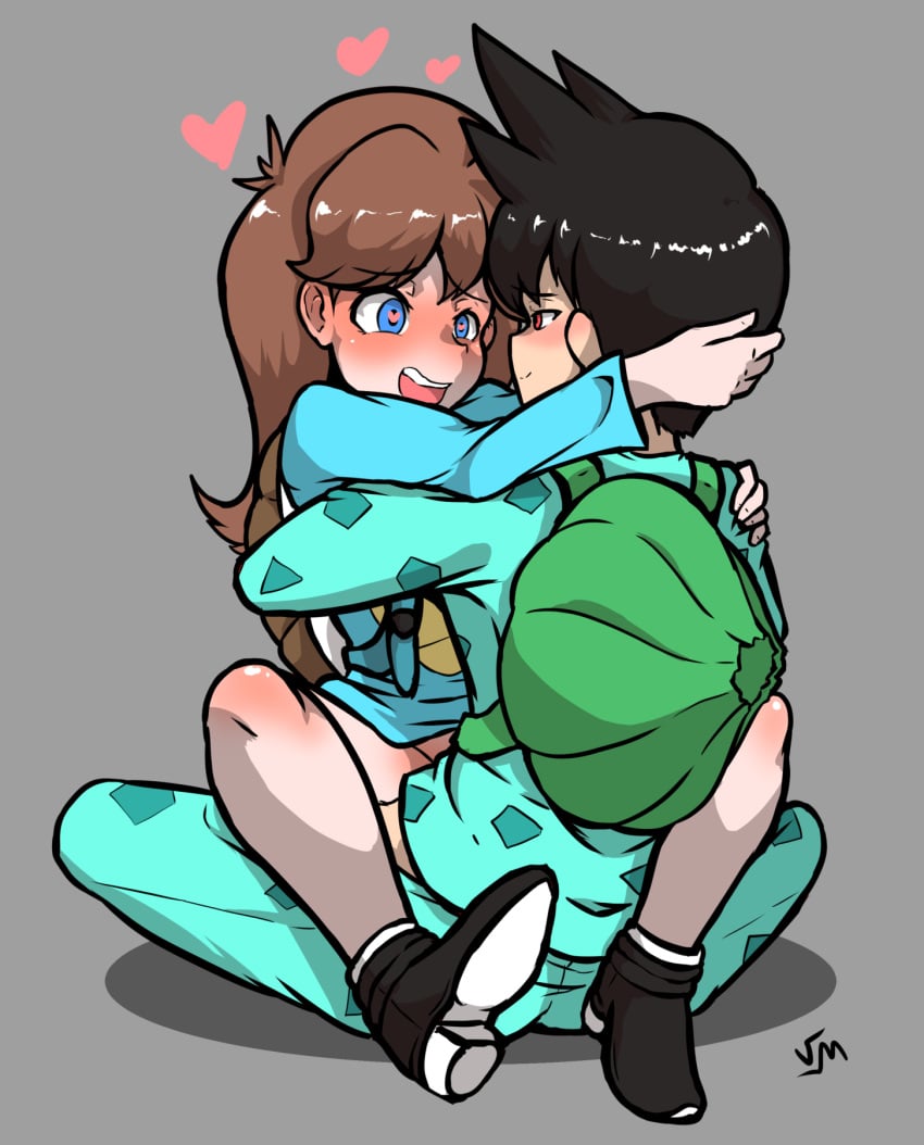 black_hair blue_(pokémon) blue_eyes blush brown_hair bulbasaur_(cosplay) cosplay embrace female fushigidane_(cosplay) game_freak green_(pokemon) grey_background heart heart-shaped_pupils implied_penetration implied_sex looking_at_another lotus_position open_mouth pokemon pokemon_(cosplay) pokemon_(manga) pokemon_adventures red_(pokemon) squirtle_(cosplay) verymediocre zenigame_(cosplay)