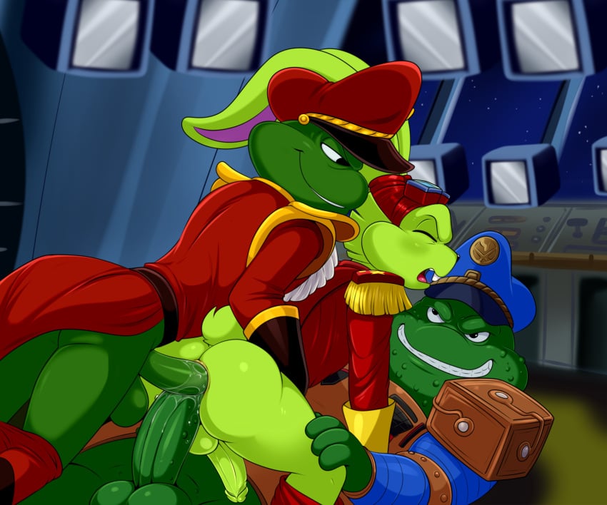 amphibian anal ass bucky_o'hare bucky_o'hare_(series) captain_smada clothing frog genitals group group_sex hat headgear headwear hi_res lagomorph leporid lonbluewolf male male/male mammal penis rabbit sex threesome toad_(frog) toad_air_marshall