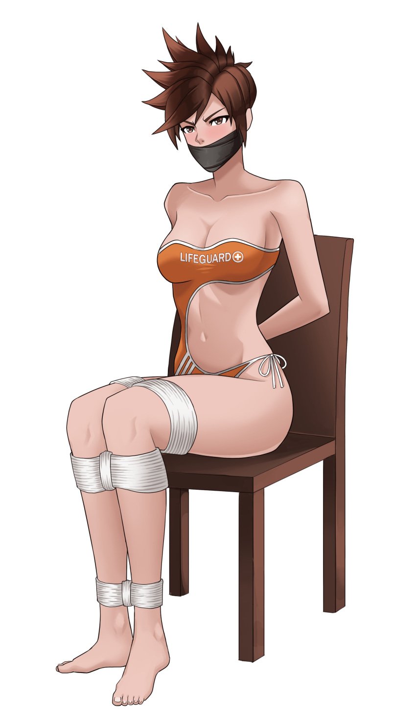 1girls arms_behind_back belly_button bondage chair chair_bondage female female_focus female_only femsub lena_oxton lifeguard_tracer one-piece_swimsuit one_piece_swimsuit overwatch solo swimsuit swimwear tape_gag tehshraid tied_hands tied_legs tied_up tracer