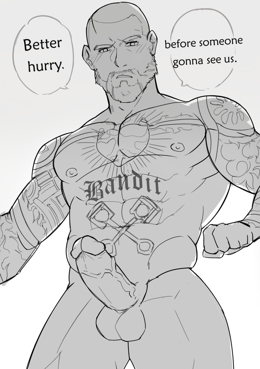 1boy 2022 abs balls bandit_(rainbow_six) bara barazoku beard biceps big_balls big_penis completely_nude dialogue english_text erection facial_hair gay hairy hi_res highres hobbsllllll looking_at_viewer male male_focus male_nipples male_only manly monochrome muscles muscular muscular_arms muscular_male nipples nude penis rainbow_six rainbow_six_siege solo solo_male testicles text tom_clancy ubisoft vein veiny_penis