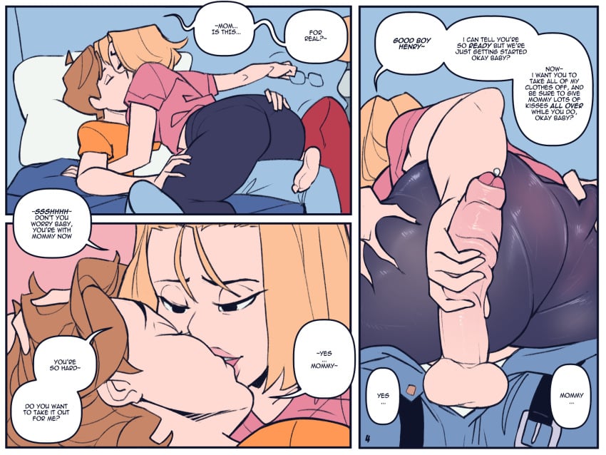 1boy1girl 3_panel_comic 4:3_aspect_ratio ass ass_grab bed bedroom big_ass big_breasts big_penis blonde_hair breasts brown_hair comic comic_page female foreskin glasses good_boy grabbing_ass handjob incest kissing light-skinned_female light-skinned_male mature_female milf mommy_kink mother_and_son not_enough_milk_(artist) on_lap original original_character page_4 pantylines penis shorter_female shortstack stroking_penis taller_male text uncensored uncut