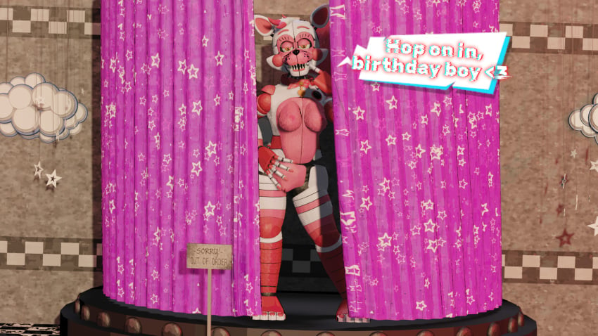 1girls 3d 3d_(artwork) anthro behind_curtain birthday biting_finger blender blender3d blender_(medium) blender_(software) blender_cycles blender_eevee breasts breasts_out curtains curtains_open english_text exposed exposed_ass exposed_breasts exposed_nipples exposed_pussy exposed_shoulders exposed_torso facing_viewer five_nights_at_freddy's five_nights_at_freddy's:_sister_location fox fox_ears fox_girl fox_humanoid fox_tail full_body funtime_foxy_(fnaf) funtime_foxy_(fnafsl) hand_on_hip indoors looking_at_viewer looking_back_at_viewer multicolored_body multicolored_fur multicolored_hair nude nude_anthro nude_female on_stage pink_hair pink_nipples robot robot_girl robot_humanoid rule_63 seducing seduction seductive seductive_eyes seductive_gaze seductive_look seductive_mouth seductive_pose short_hair solo speech_bubble stage stage_curtains stage_show standing white_body white_fur white_hair white_skin yellow_eyes