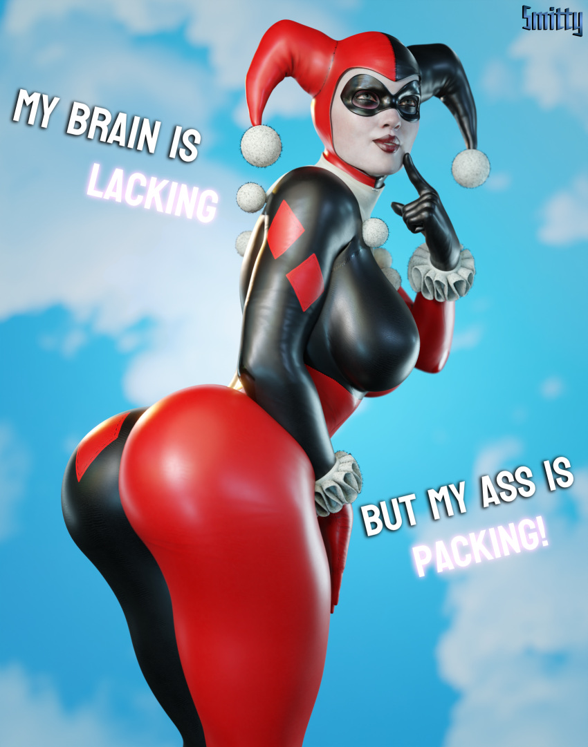 1girls 3d 3d_(artwork) ass batman:_arkham_knight batman_(series) big_ass big_breasts bimbo blender_(software) bodysuit bragging dat_ass dc dc_comics female female_only harley_quinn harley_quinn_(classic) harley_quinn_(injustice) injustice_2 large_ass large_breasts masked_female pawg showing_off showing_off_ass smitty34 solo supervillainess tagme text thick thick_ass villainess voluptuous voluptuous_female