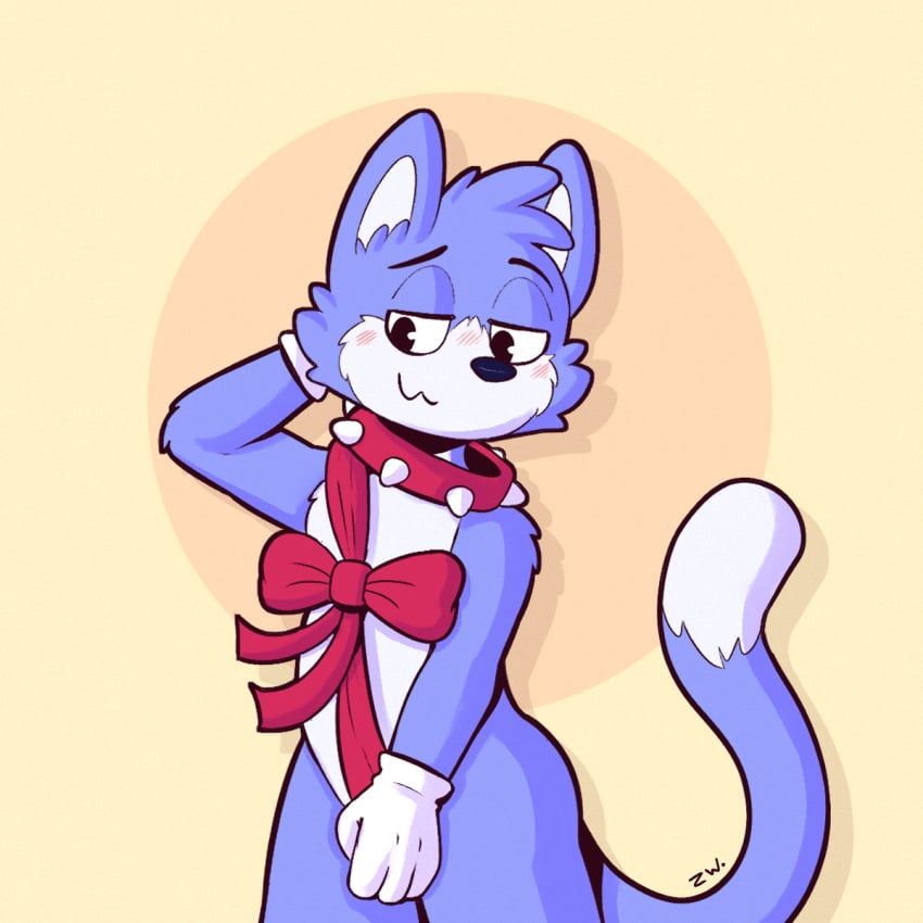 anthro ass blush clothed clothing doke_okeb domestic_cat felid feline felis fur gift gloves handwear hi_res male male_only mammal presenting solo wolfyzeeb