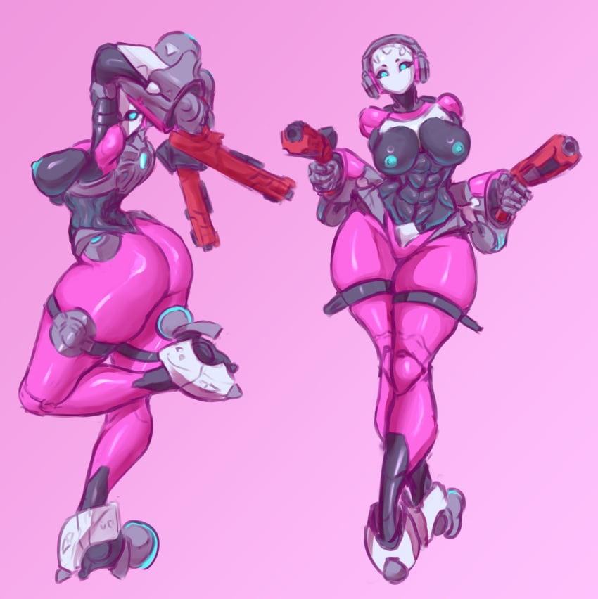 1girls 2d ass back_view big_ass breasts_out capcom drasai exoprimal front_and_back holding_gun looking_at_viewer nimbus_(exoprimal) nipples robot robot_girl saidra solo solo_female standing thick_thighs