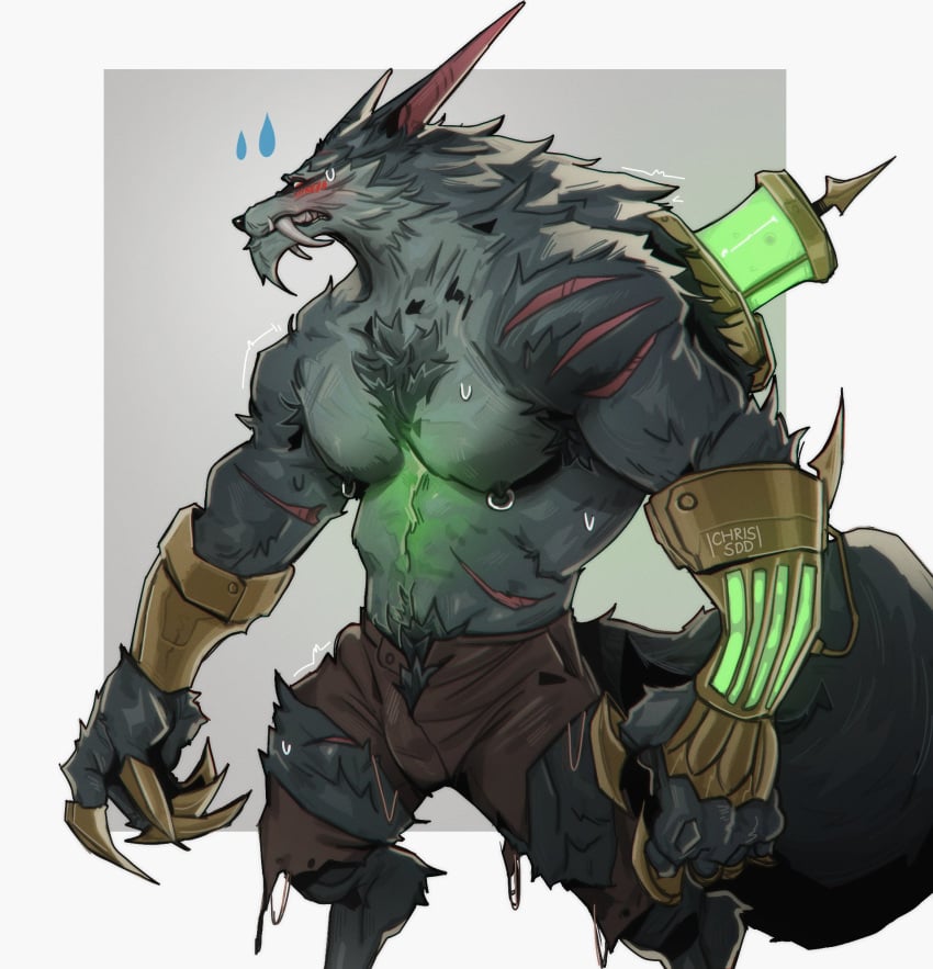 1boy 2023 barazoku blush bulge canid canine canis chris_sdd clothing furry gay hairy hi_res highres league_of_legends male male_focus male_nipples male_only masculine_male muscular muscular_anthro muscular_arms nipples riot_games ripped_clothing solo solo_male teeth teeth_visible warwick werecanid werecanine werewolf wolf