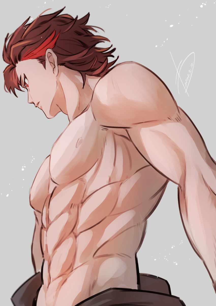 1boy abs absurdres bare_shoulders diamant_(fire_emblem) fire_emblem fire_emblem_engage furrowed_brow highres looking_to_the_side male male_focus male_only midriff navel nintendo red_eyes red_hair short_hair simple_background solo topless_male upper_body wa_gamc