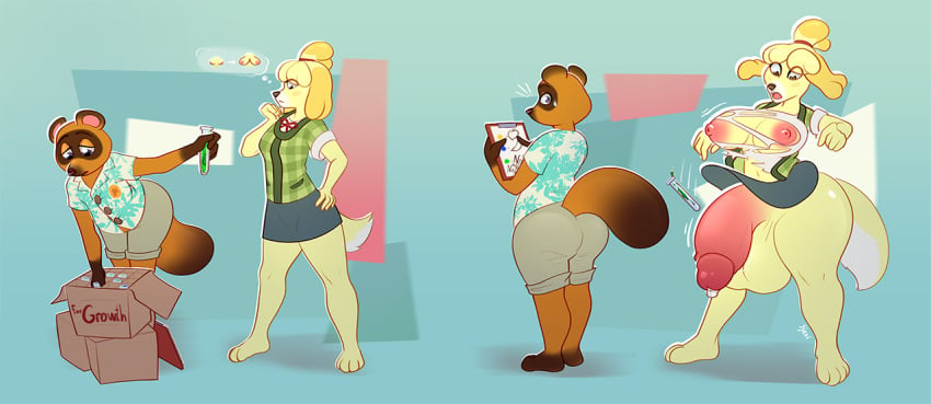 2023 animal_crossing anthro areola ass balls basic_sequence big_breasts bodily_fluids bottomwear breasts brown_body brown_fur canid canine canis clothed clothing digital_media_(artwork) domestic_dog duo facial_markings female fur futanari genital_fluids genitals geometric_background growth hair head_markings humanoid_genitalia humanoid_penis isabelle_(animal_crossing) linear_sequence looking_back looking_down male mammal markings mask_(marking) multicolored_body nintendo nipples nude open_mouth penis potion raccoon_dog shih_tzu simple_background sjevi skirt tail tanuki thick_thighs tom_nook topwear torn_clothing toy_dog transformation transformation_potion transformation_sequence wide_hips yellow_body yellow_fur