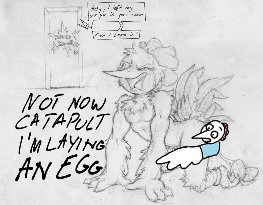 1boy anthro avian bird bodily_fluids censored censored_cloaca censored_genitalia censored_penis chicken cocksley_(c&c) egg egg_laying felineballistics galliform gallus_(genus) hi_res knocking male male_only monochrome pained_expression phasianid solo tears