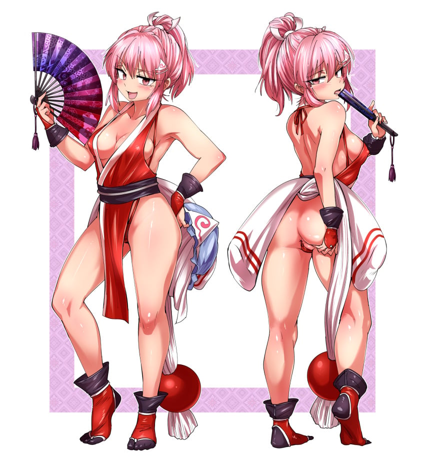 1girls anal anal_attached_clothing anal_ball_wear anal_object_insertion anally_anchored_clothing anus ass ass_grab bare_back bare_shoulders breasts cleavage commission commissioner_upload cosplay fanning_self fatal_fury female female_only fingerless_gloves folding_fan gloves hair_ornament hand_fan highres japanese_clothes king_of_fighters licking mai_shiranui_(cosplay) ninja obi object_insertion pink_eyes pink_hair ponytail ribbon saigyouji_yuyuko's_fan_design sash shimizu_pem short_hair short_ponytail simple_background skeb_commission smile smug snk spread_ass standing touhou yuyuko_saigyouji