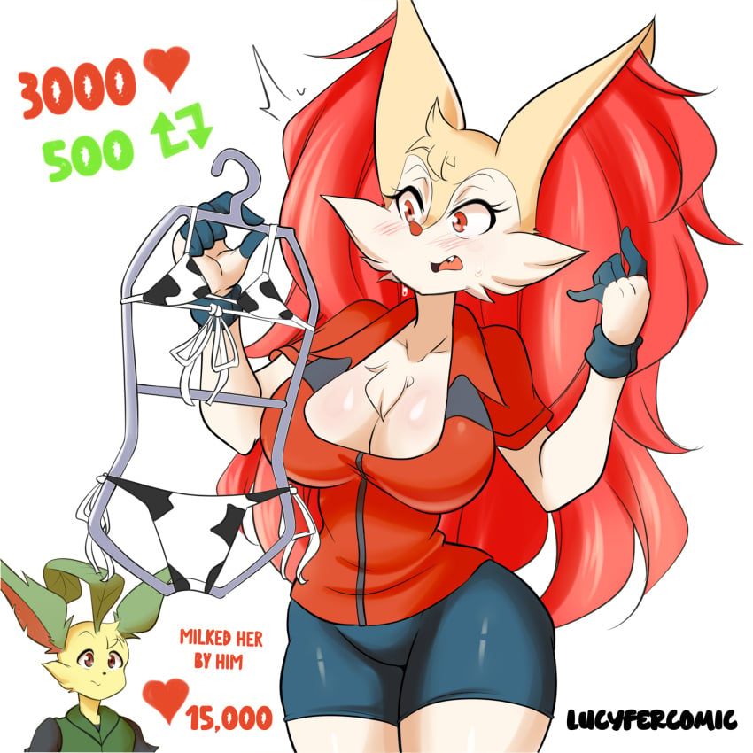 anthro big_breasts braixen bray_(lucyfercomic) breasts cleavage eeveelution female female_focus furry furry_female furry_male furry_only kaito_(inarifox) leafeon lucyfercomic male nintendo pokémon_(species) pokemon pokemon_(species) strip_game thick_thighs wide_hips