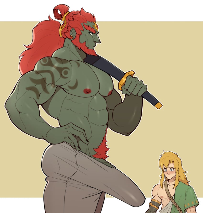 2023 2boys abs bara barazoku beard biceps big_bulge big_penis boner bulge clothing erection erection_under_clothes facial_hair ganondorf ganondorf_(tears_of_the_kingdom) gay green_skin hairy hi_res highres huge_bulge link link_(tears_of_the_kingdom) male male/male male_focus male_nipples male_only male_pubic_hair manly muscles muscular muscular_arms muscular_male muto20002 nintendo nipples penis size_difference solo_male tears_of_the_kingdom the_legend_of_zelda vein veiny_penis