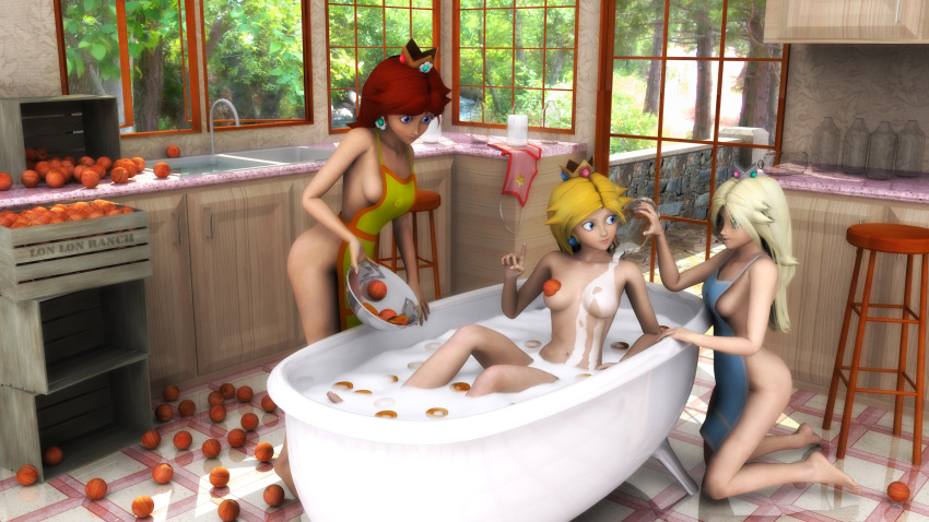 3d apron bathtub breasts darklordiiid kitchen mario_(series) nintendo princess_daisy princess_peach princess_rosalina