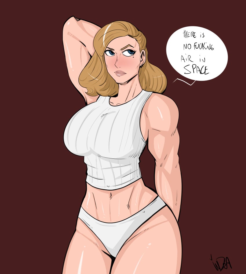 1girls avengers big_breasts brown_hair busty captain_marvel carol_danvers chest cleavage curvaceous curvy curvy_figure dialogue digital_drawing_(artwork) eyebrows eyelashes eyes female female_only fit fit_female hair indralvspaizuri large_breasts light-skinned_female light_skin lips marvel marvel_cinematic_universe muscles panties solo speech_bubble tank_top the_marvels underwear waist white_panties white_underwear wide_hips