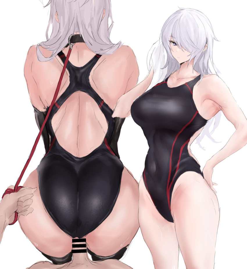 1boy absurdres animal_collar ass back_cutout bar_censor bent_over black_one-piece_swimsuit black_thighhighs breasts censored clothing_aside clothing_cutout collar competition_swimsuit drying drying_hair female from_above grey_eyes grey_hair hand_on_own_hip highleg highleg_swimsuit highres large_breasts leash long_hair looking_at_viewer multiple_views one-piece_swimsuit original pov sex sex_from_behind standing standing_sex swimsuit swimsuit_aside thighhighs towel viewer_holding_leash wet white_background wiping yagi_764364