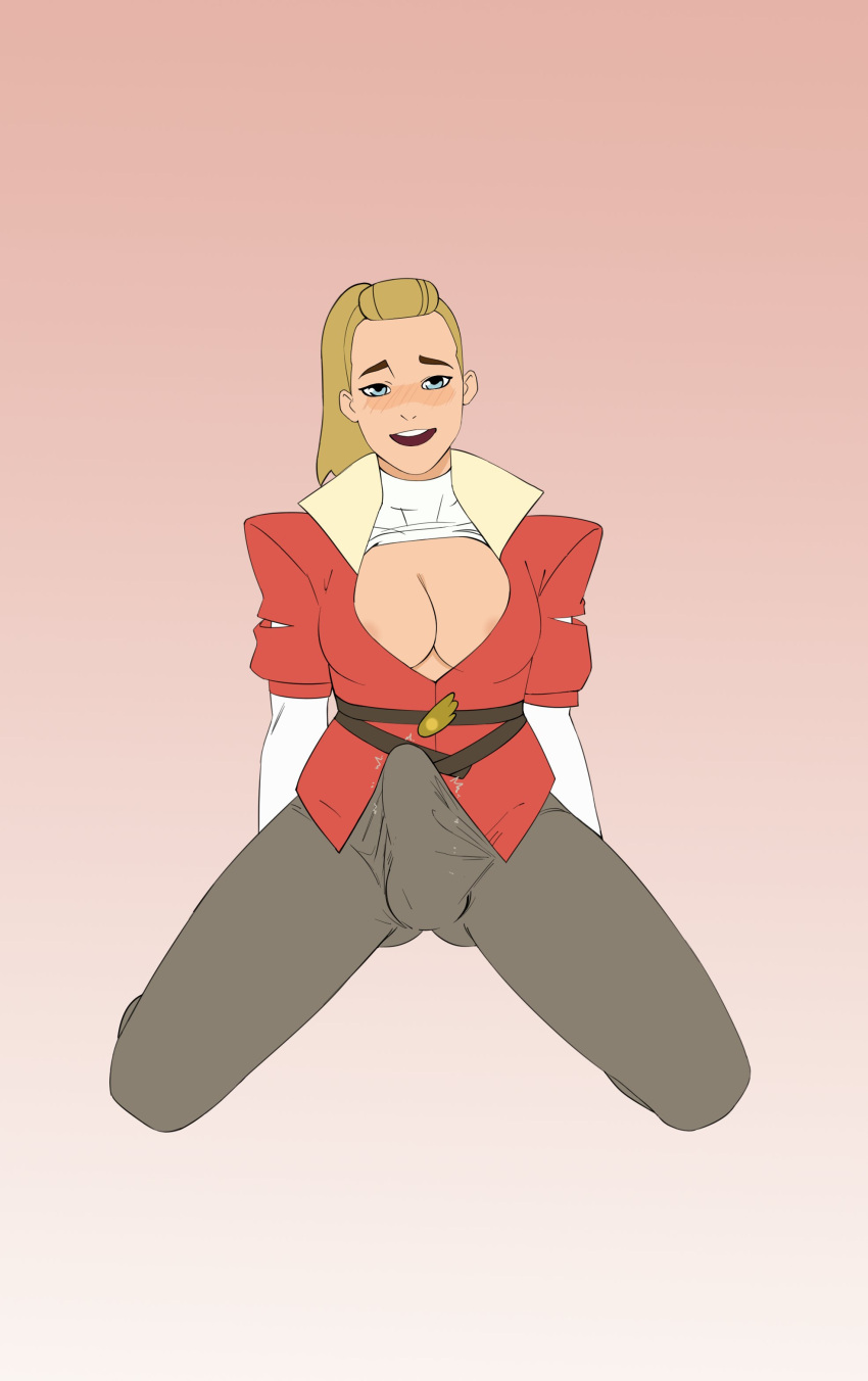 1futa 2020s 2023 adora alternate_version_available areolae balls biconti big_breasts blonde_hair blue_eyes blush breasts bulge bulge_through_clothing cleavage erect_nipples_under_clothes erection full_body futa_only futanari gradient_background grey_pants hi_res human jacket kneeling large_breasts light-skinned_futanari light_skin long_hair looking_at_viewer nipples nude_version_available open_mouth pants penis pink_background ponytail red_jacket she-ra_and_the_princesses_of_power shirt simple_background solo tenting thick_thighs white_background white_shirt