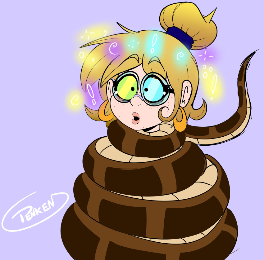 1girls absurd_res artist_signature blonde_hair coiling constriction disney earrings female female_only glasses hypnosis kaa kaa_eyes penken simple_background snake the_jungle_book tied_hair