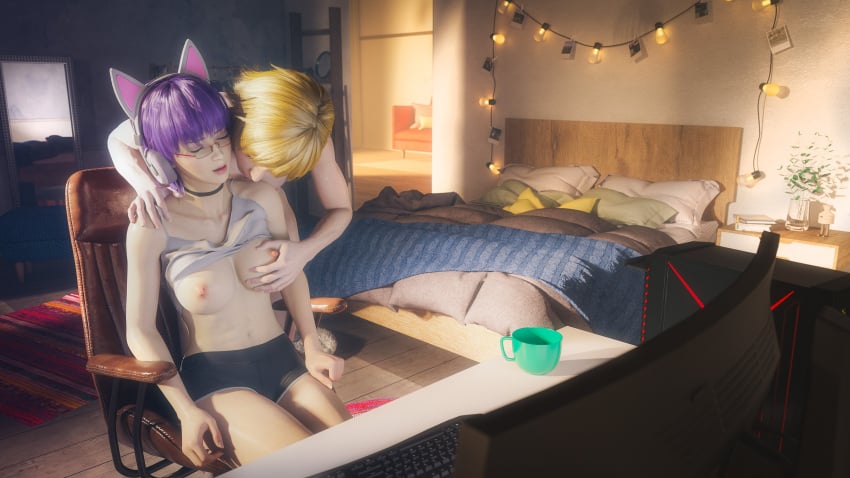 1boy 1girls 3d ayane_(doa) big_breasts blonde_hair blue_eyes breasts condom condom_wrapper dead_or_alive eliot_(doa) female hourglass_figure human hxwxrf indoors large_breasts light-skinned_female light_skin purple_hair red_eyes short_hair