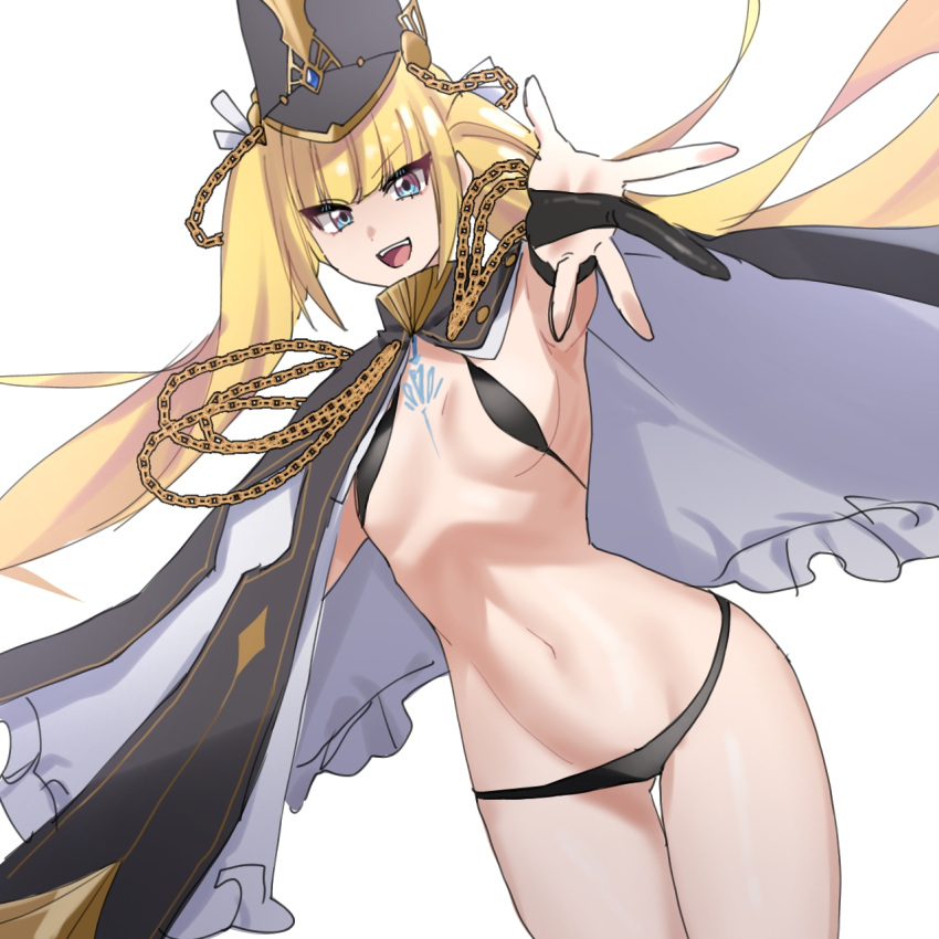 armpits bad_id bad_pixiv_id black_panties blonde_hair blunt_bangs breasts bridal_gauntlets chains counter:side female gluteal_fold groin hat highres long_hair looking_at_viewer luna_(counter:side) navel omgwtfyawp open_mouth panties reaching reaching_towards_viewer revealing_clothes small_breasts twintails underwear white_background