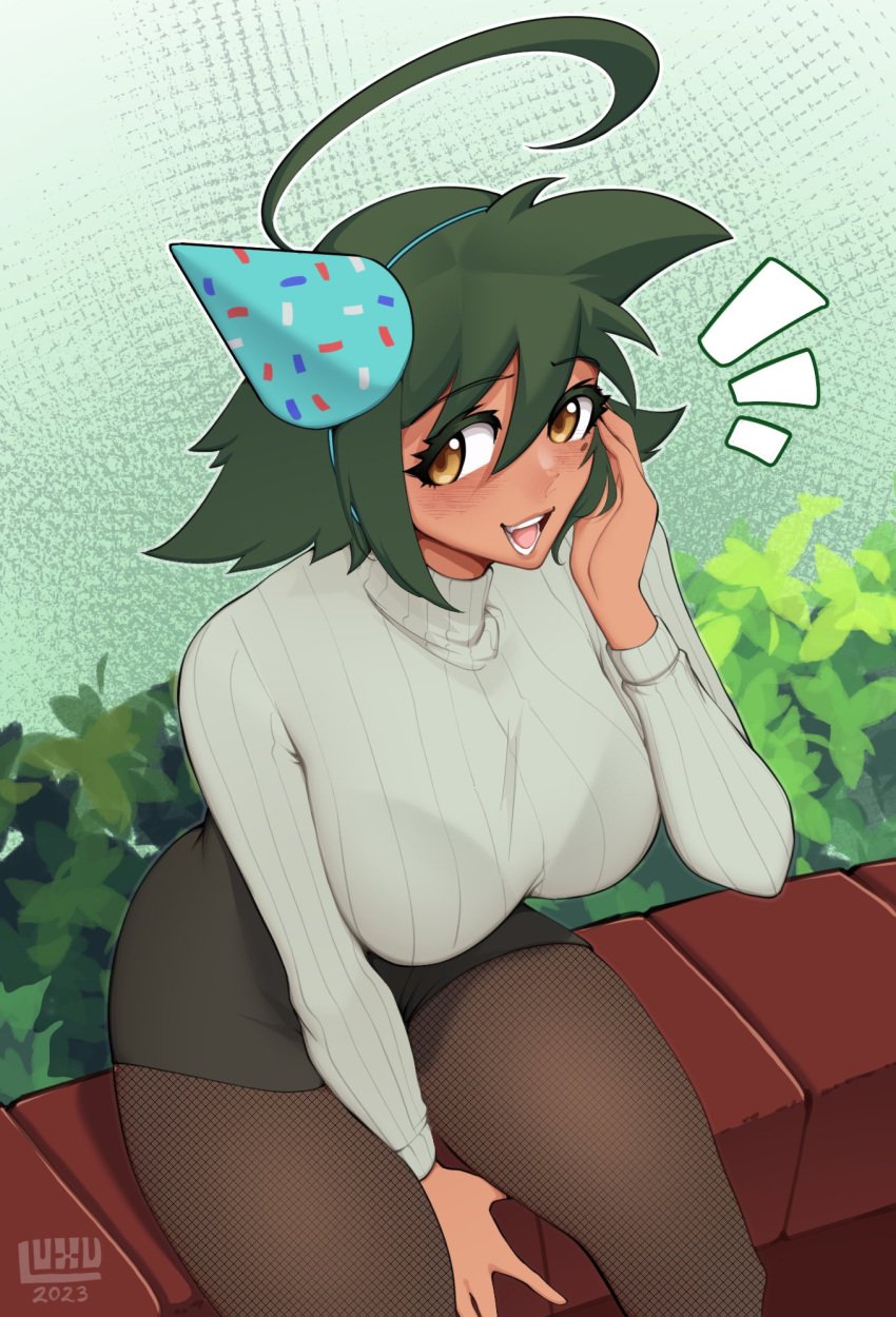 1girls amber_eyes birthday birthday_hat blush female female_only green_hair hand_on_cheek hi_res liz_(flytrapxx) looking_at_viewer luxurias medium_hair mole mole_under_eye original pantyhose sitting skirt smiling smiling_at_viewer solo sweater tuft