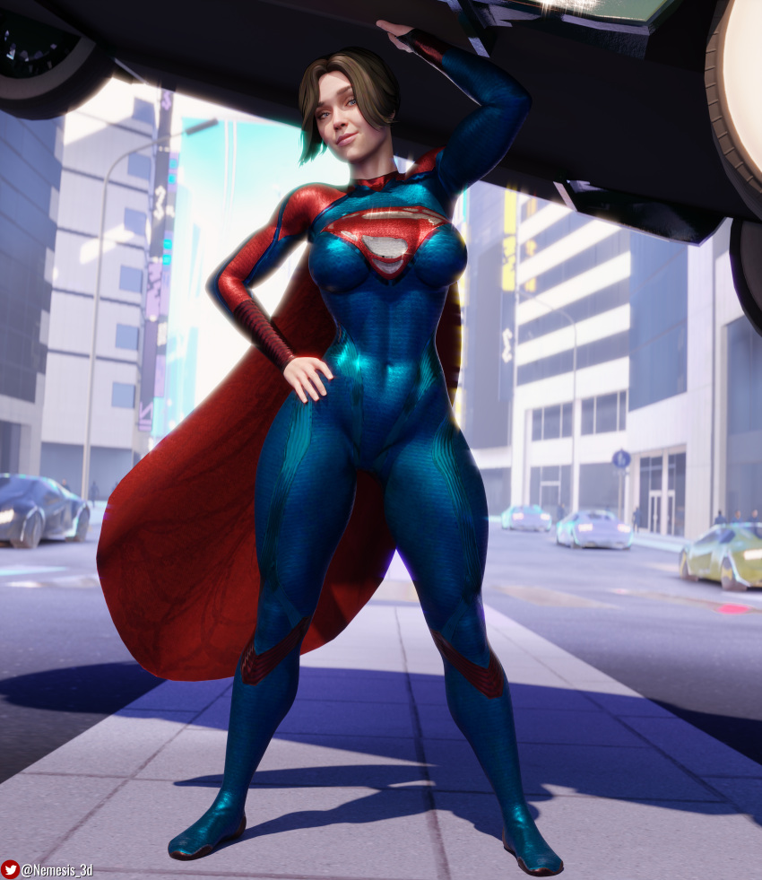 1girls 3d absurd_res big_breasts black_hair bodysuit breasts dc dc_comics dc_extended_universe dceu female female_only fit fit_female hand_on_hip hi_res highres kara_zor-el nemesis_3d standing supergirl supergirl_(sasha_calle) superheroine superman_(series) the_flash_(2023) thick_thighs thighs